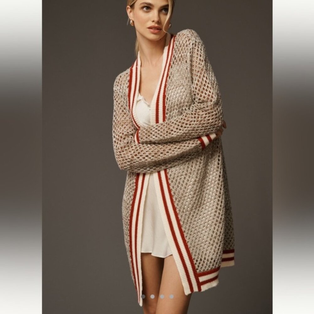 Anthropologie Maeve Metallic Silver Red Varsity Open Knit‎ Cardigan